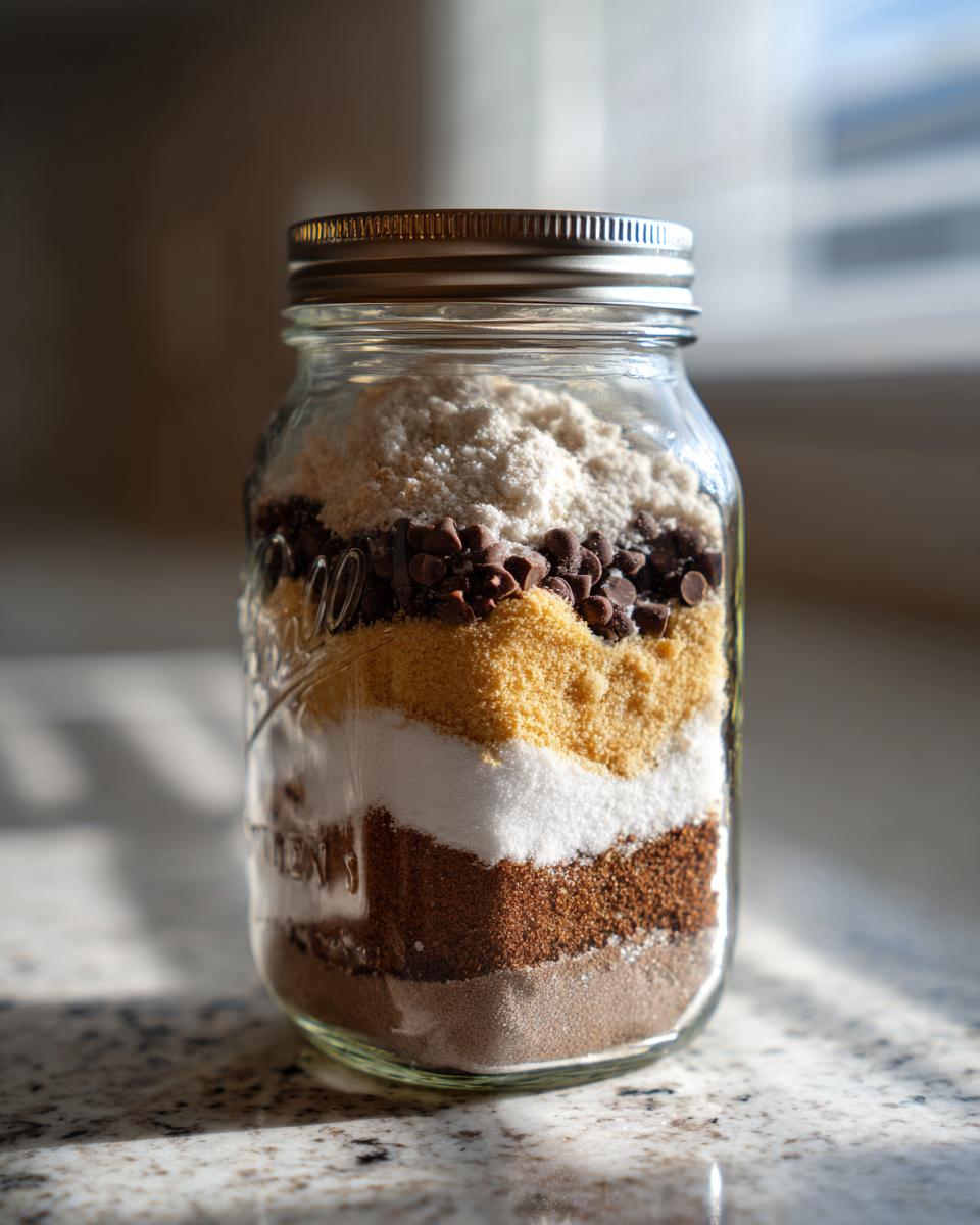 Layers of dry ingredients for cookies in a mason jar, including chocolate chips, flour, sugar, and cocoa powder. A perfect giftable cookie mix in a jar.