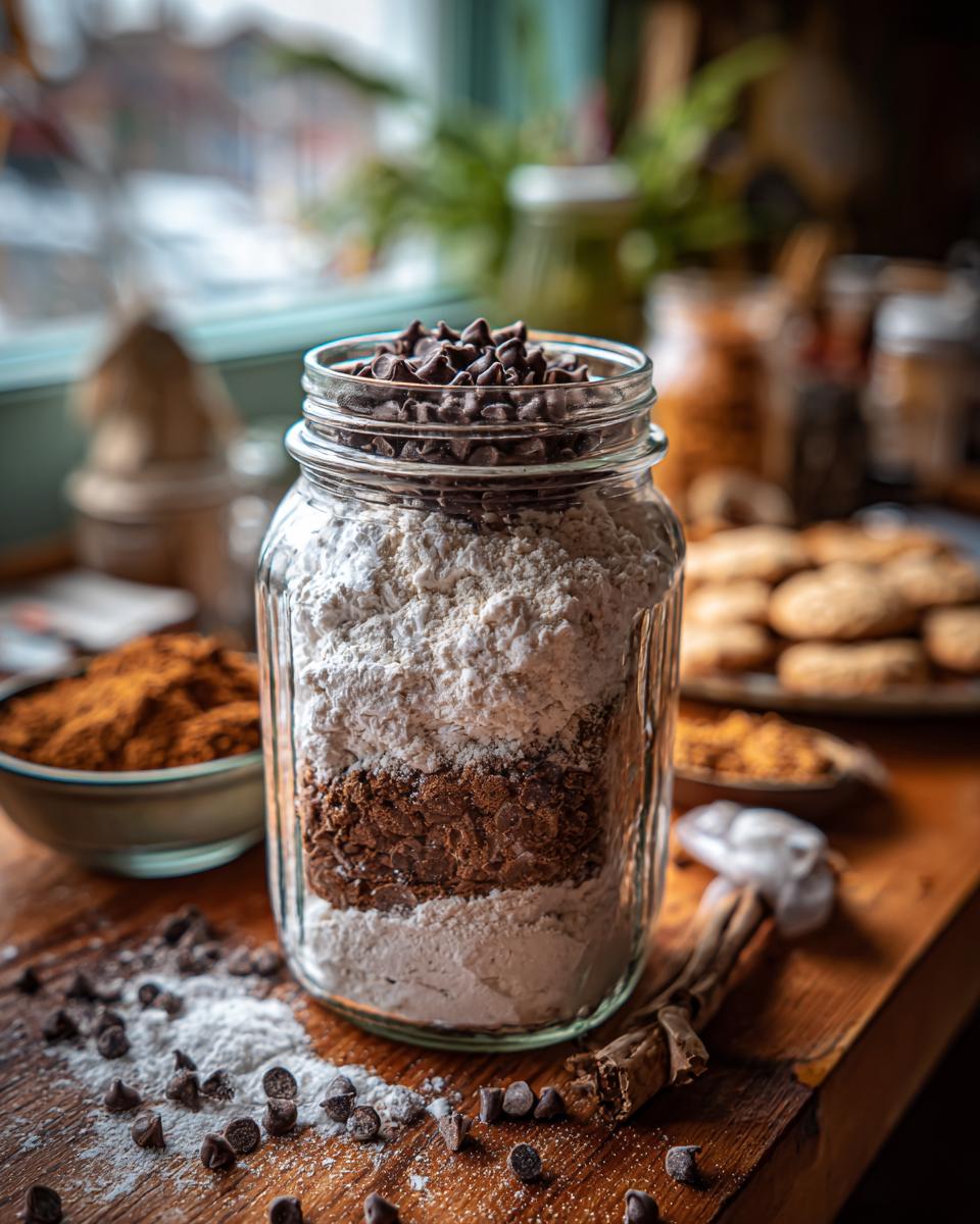 A layered cookie mix in a jar, featuring flour, cocoa powder, chocolate chips, and topped with more chocolate chips. Perfect for a giftable cookie mix in a jar.