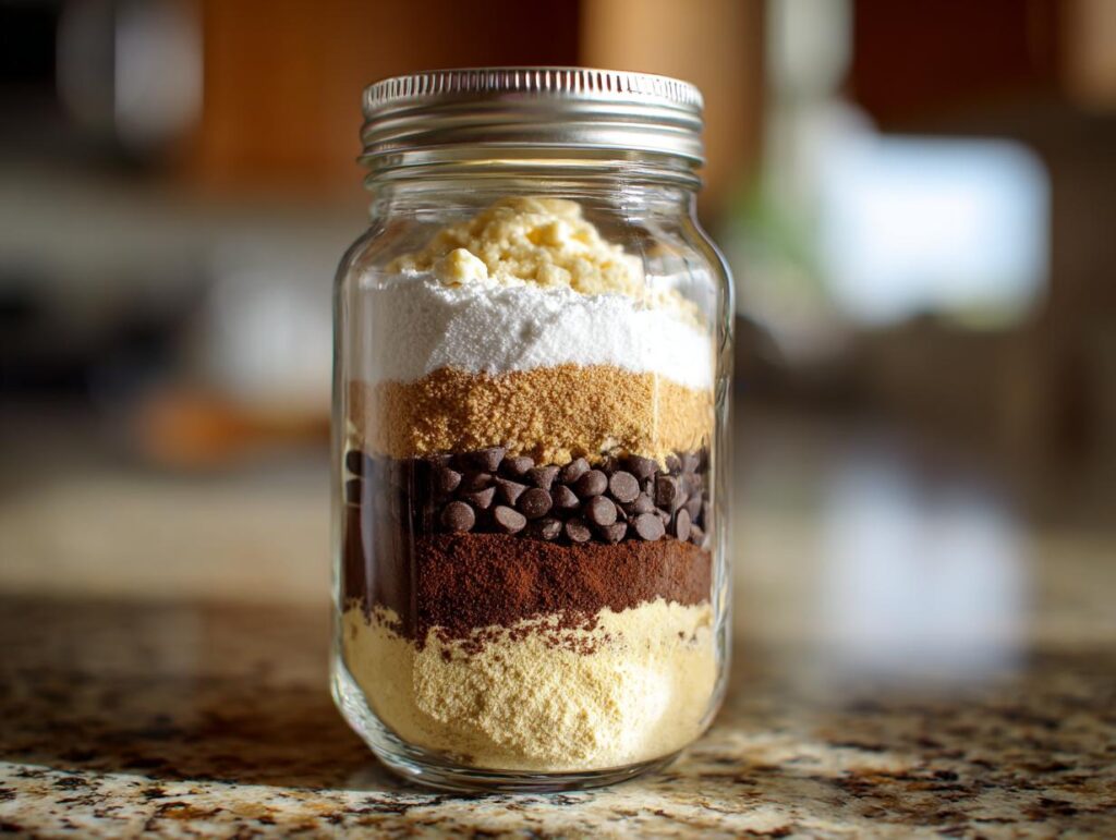 A layered cookie mix in a jar, featuring chocolate chips, flour, sugar, and cocoa powder, perfect for a giftable cookie mix.
