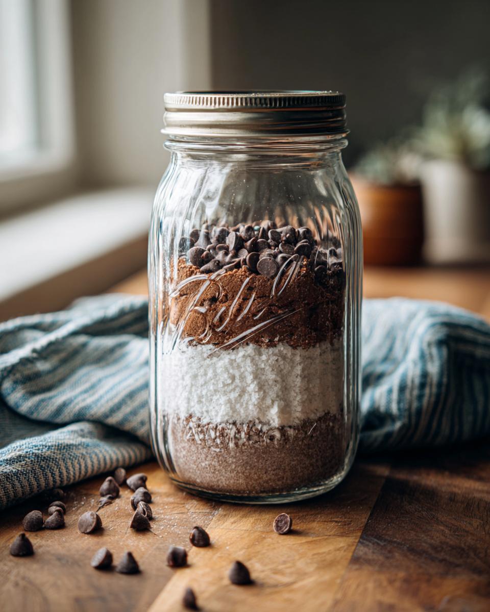 A layered giftable cookie mix in a jar, featuring chocolate chips, cocoa powder, and white ingredients.