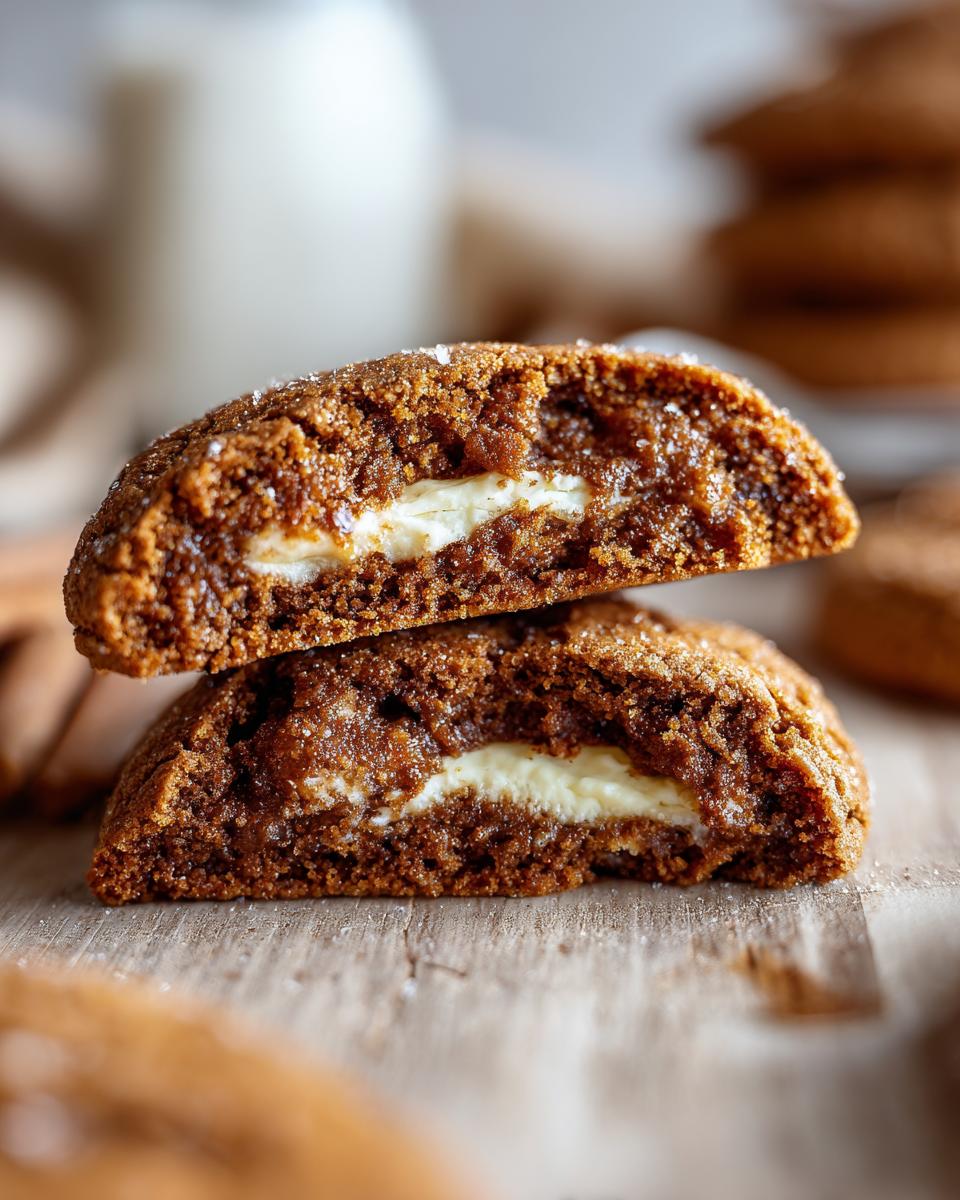 Close-up of a Gingerbread Cheesecake Stuffed Cookie cut in half, showing the creamy cheesecake filling.