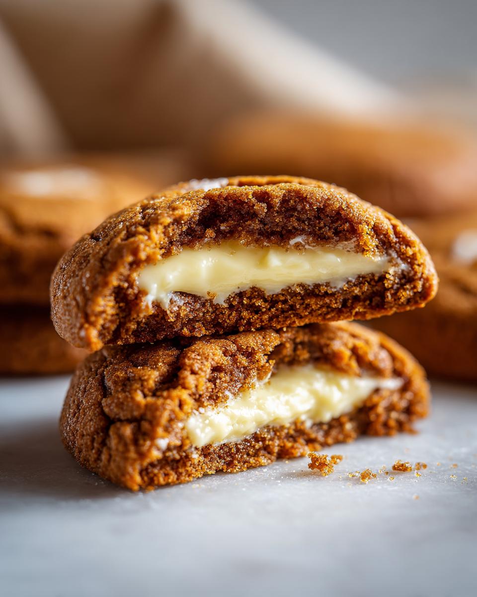 Close-up of a Gingerbread Cheesecake Stuffed Cookie cut in half, showing the creamy cheesecake filling.