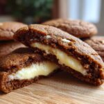 Close-up of a Gingerbread Cheesecake Stuffed Cookie cut in half, showing the cheesecake filling.