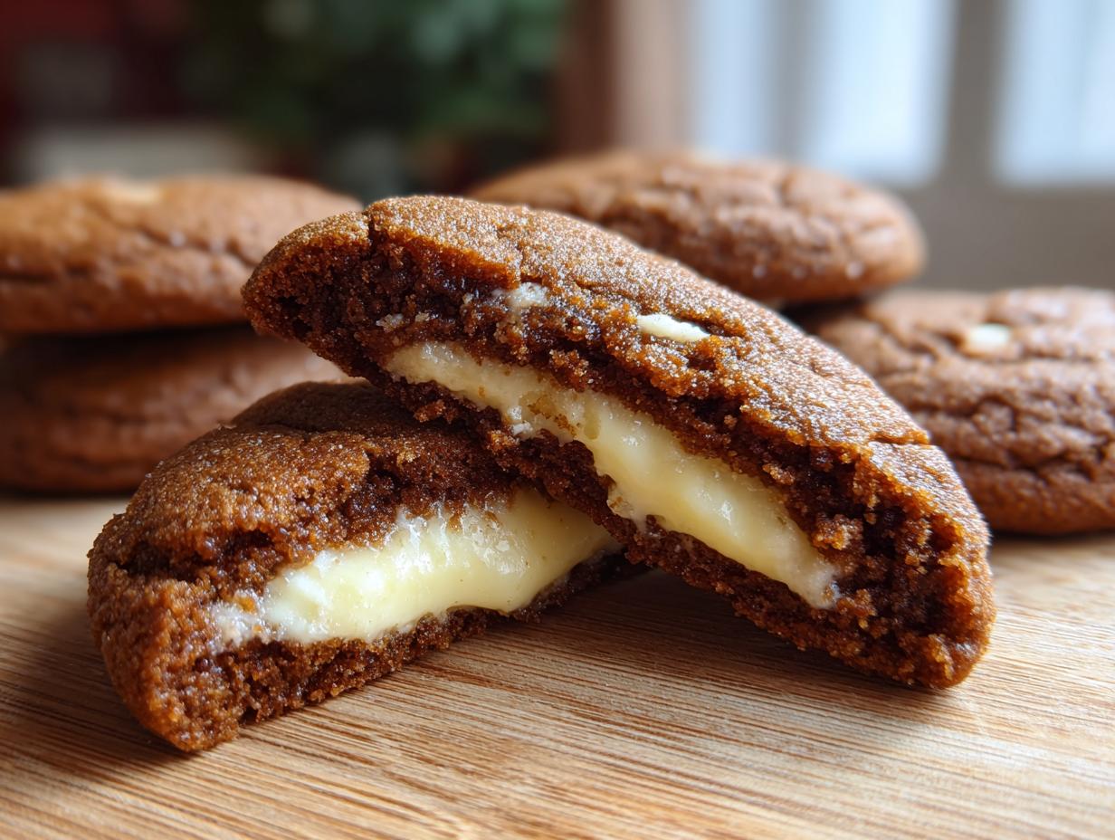 Close-up of a Gingerbread Cheesecake Stuffed Cookie cut in half, showing the cheesecake filling.