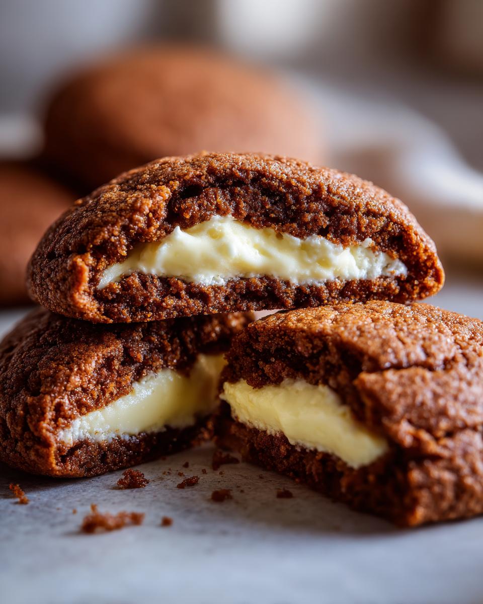 Close-up of Gingerbread Cheesecake Stuffed Cookies, showing the creamy cheesecake filling.