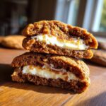 Close-up of two halves of Gingerbread Cheesecake Stuffed Cookies, showing the creamy cheesecake filling.