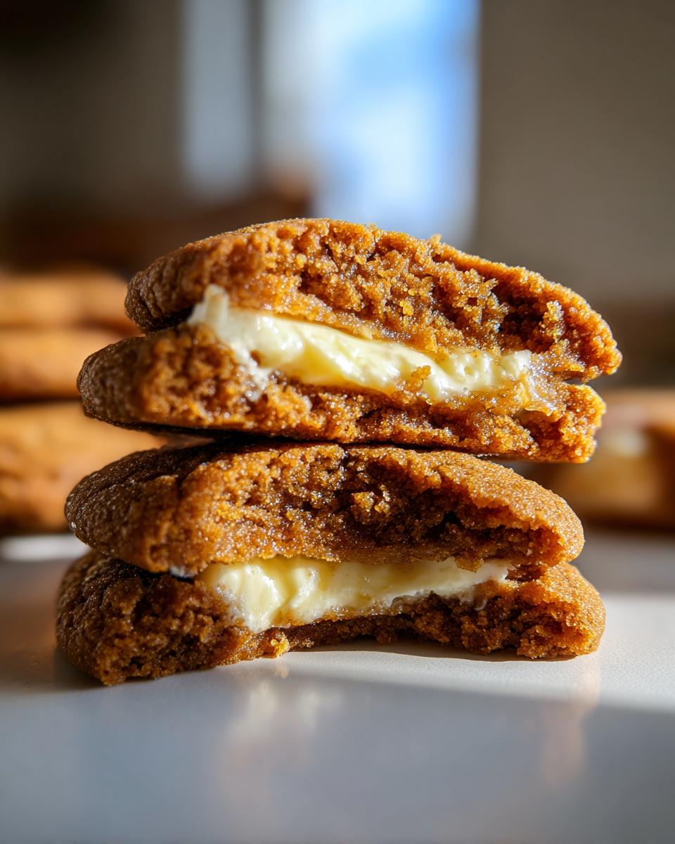Close-up of a stack of Gingerbread Cheesecake Stuffed Cookies, showing the creamy filling.