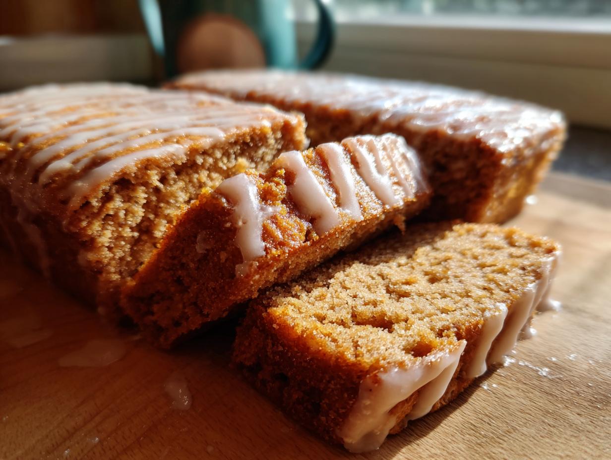 Close-up of sliced Gingerbread Cookie Bars drizzled with a white glaze on a wooden cutting board.