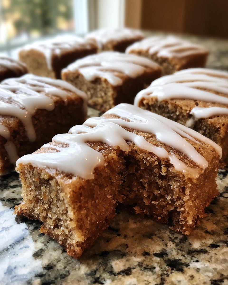 Close-up of a batch of delicious Gingerbread Cookie Bars, drizzled with white icing.