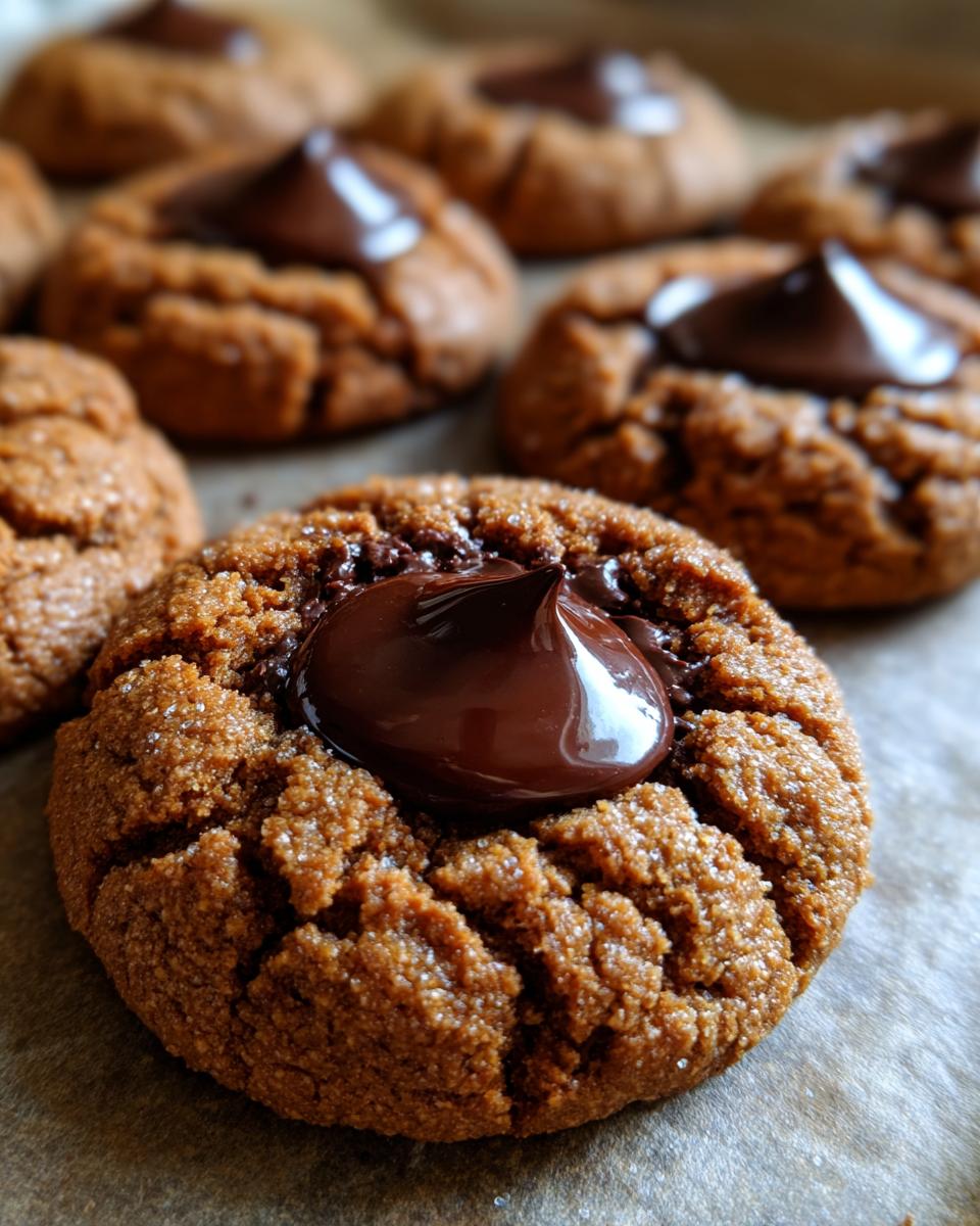 Close-up of a freshly baked Gingerbread Kiss Cookie with a dollop of melted chocolate in the center.