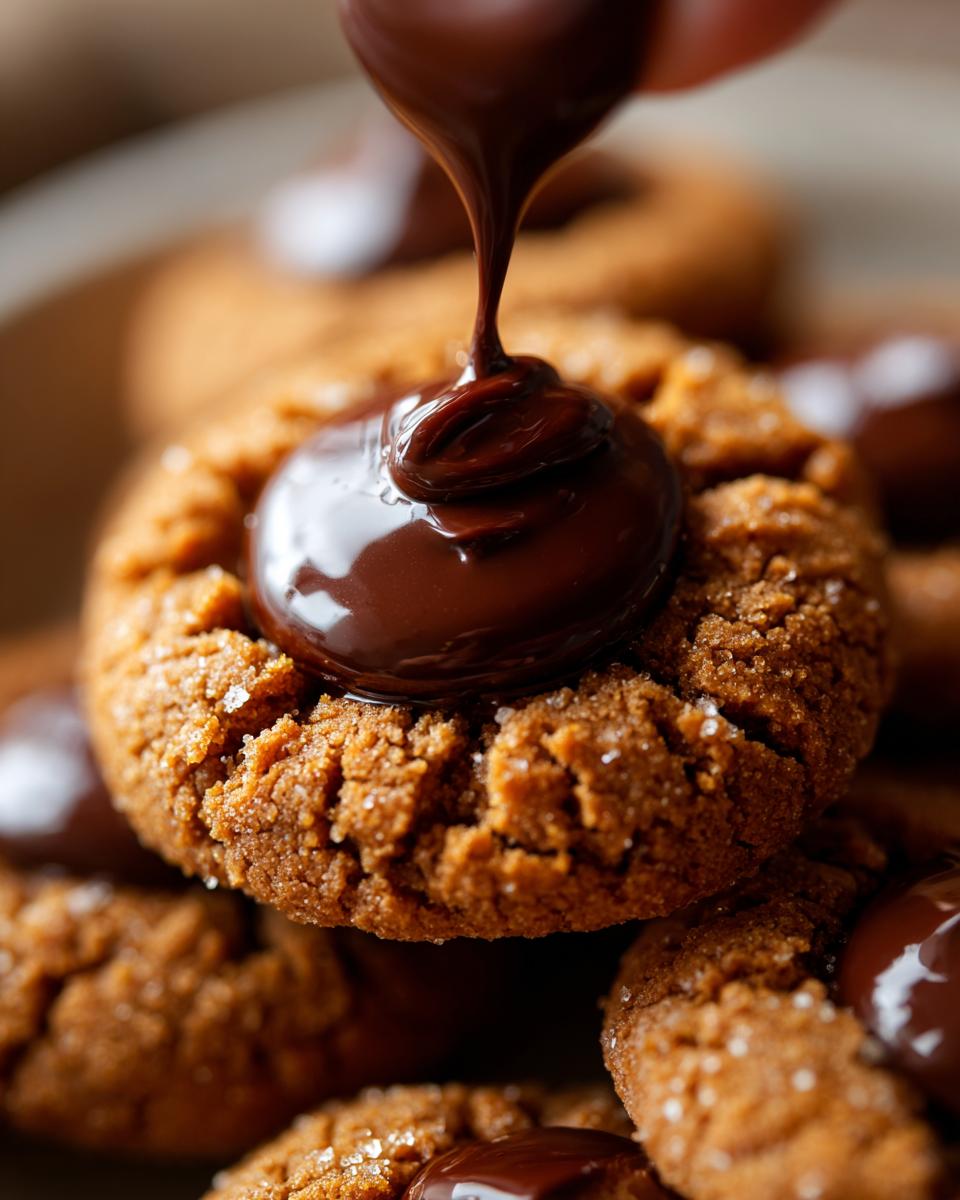 Close-up of Gingerbread Kiss Cookies being drizzled with melted chocolate.