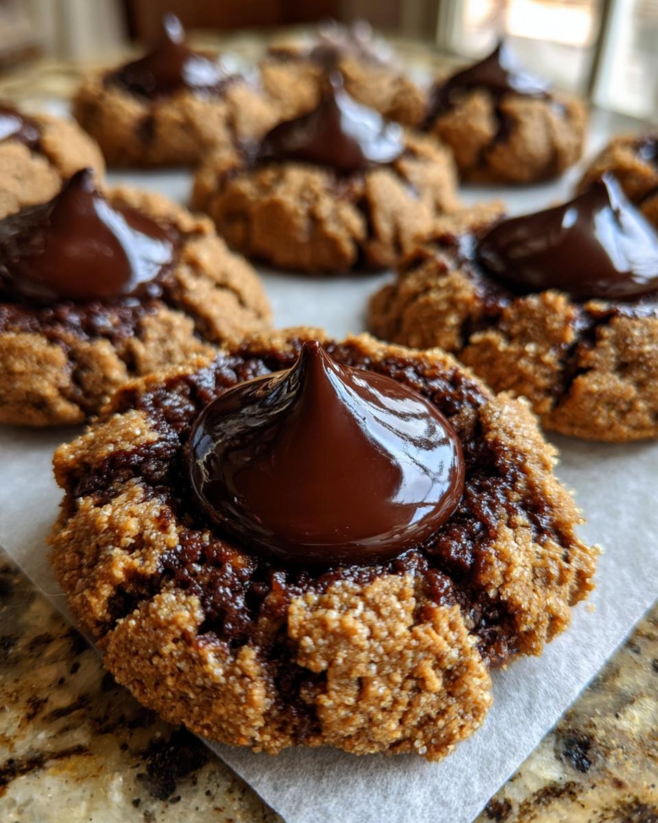 Close-up of delicious Gingerbread Kiss Cookies with a shiny chocolate kiss on top.