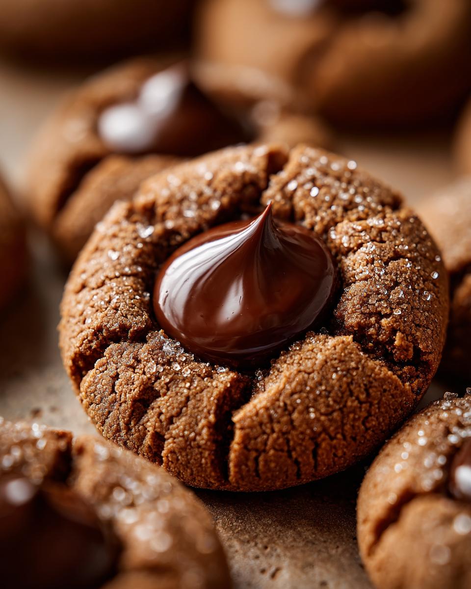 Close-up of a soft Gingerbread Kiss Cookie topped with a swirl of rich chocolate and sprinkled with sugar.