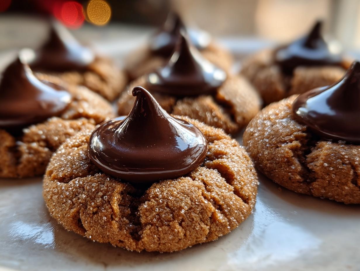 Close-up of several Gingerbread Kiss Cookies, each topped with a shiny chocolate kiss.