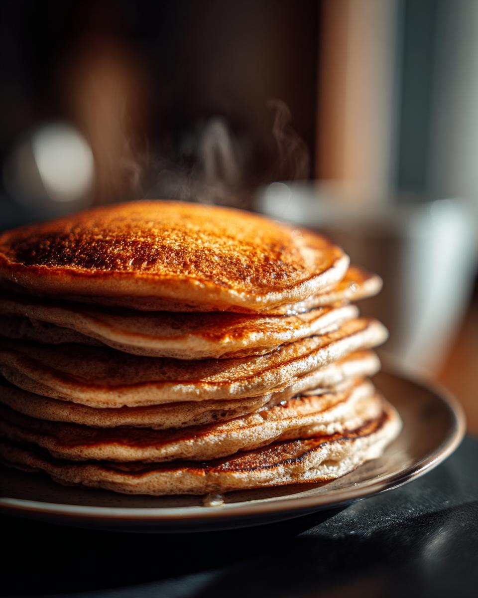A stack of fluffy Gingerbread Pancakes on a plate, with steam rising from the warm pancakes.
