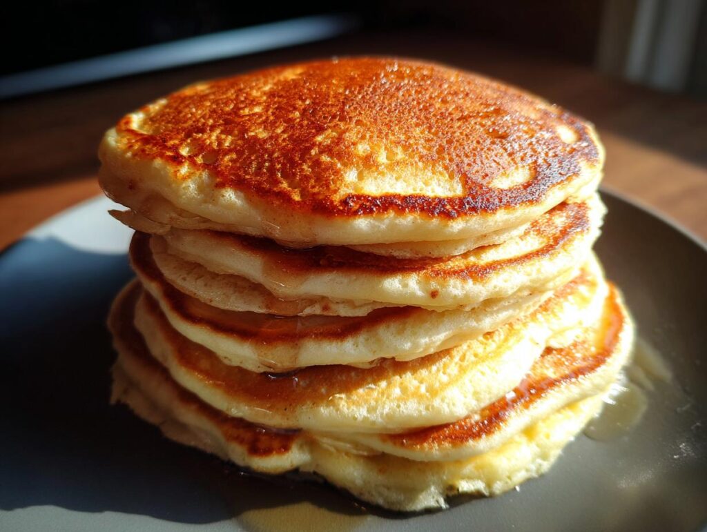 Stack of fluffy Gingerbread Pancakes drizzled with syrup, perfect for breakfast. Featured in a recipe.