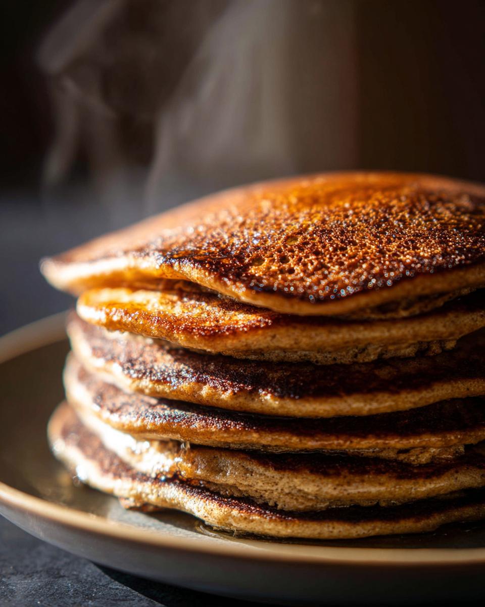 Close-up of a stack of fluffy Gingerbread Pancakes, freshly cooked and steaming.