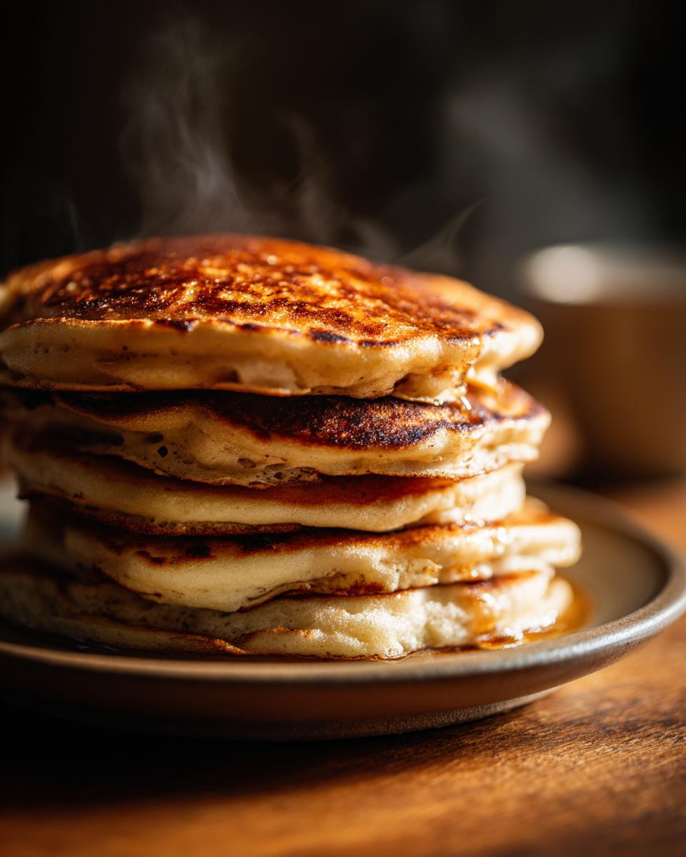 Stack of fluffy Gingerbread Pancakes with syrup, a delicious breakfast.