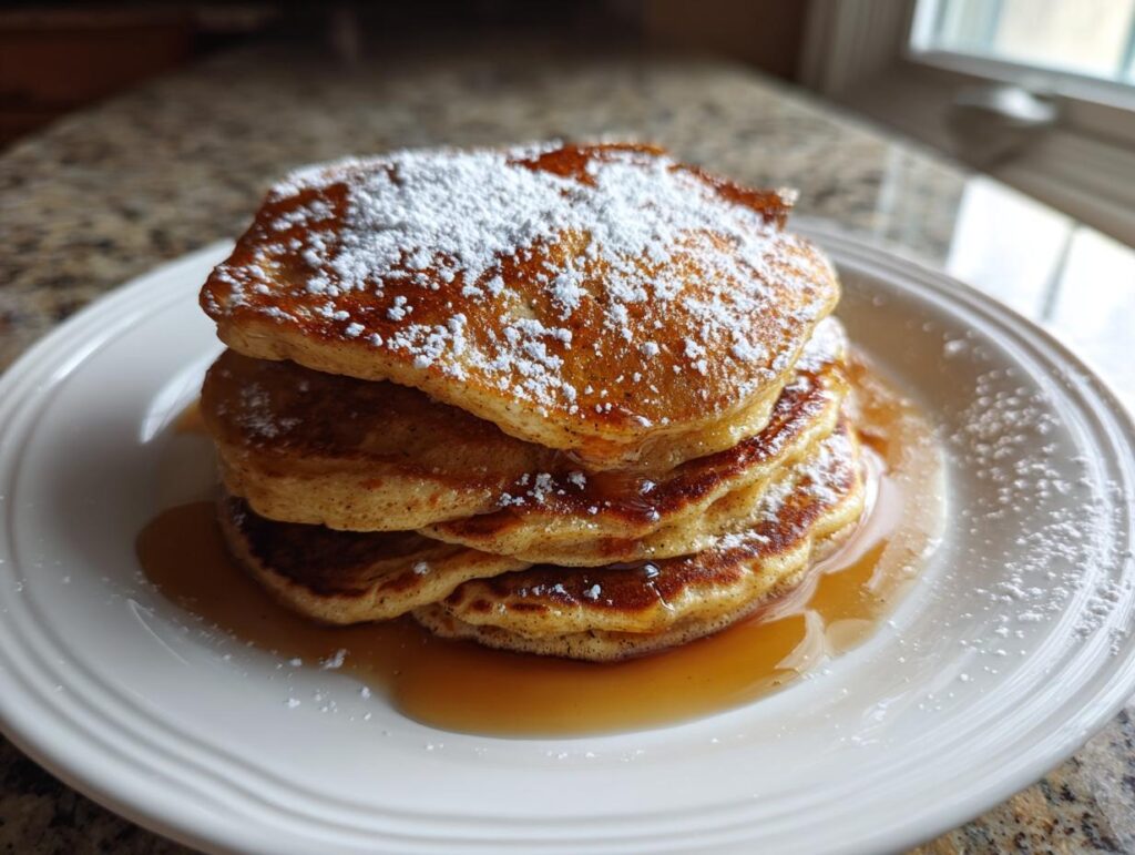 Stack of fluffy Gingerbread Pancakes drizzled with syrup and dusted with powdered sugar.