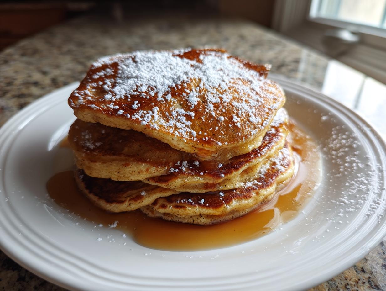 Stack of fluffy Gingerbread Pancakes drizzled with syrup and dusted with powdered sugar.