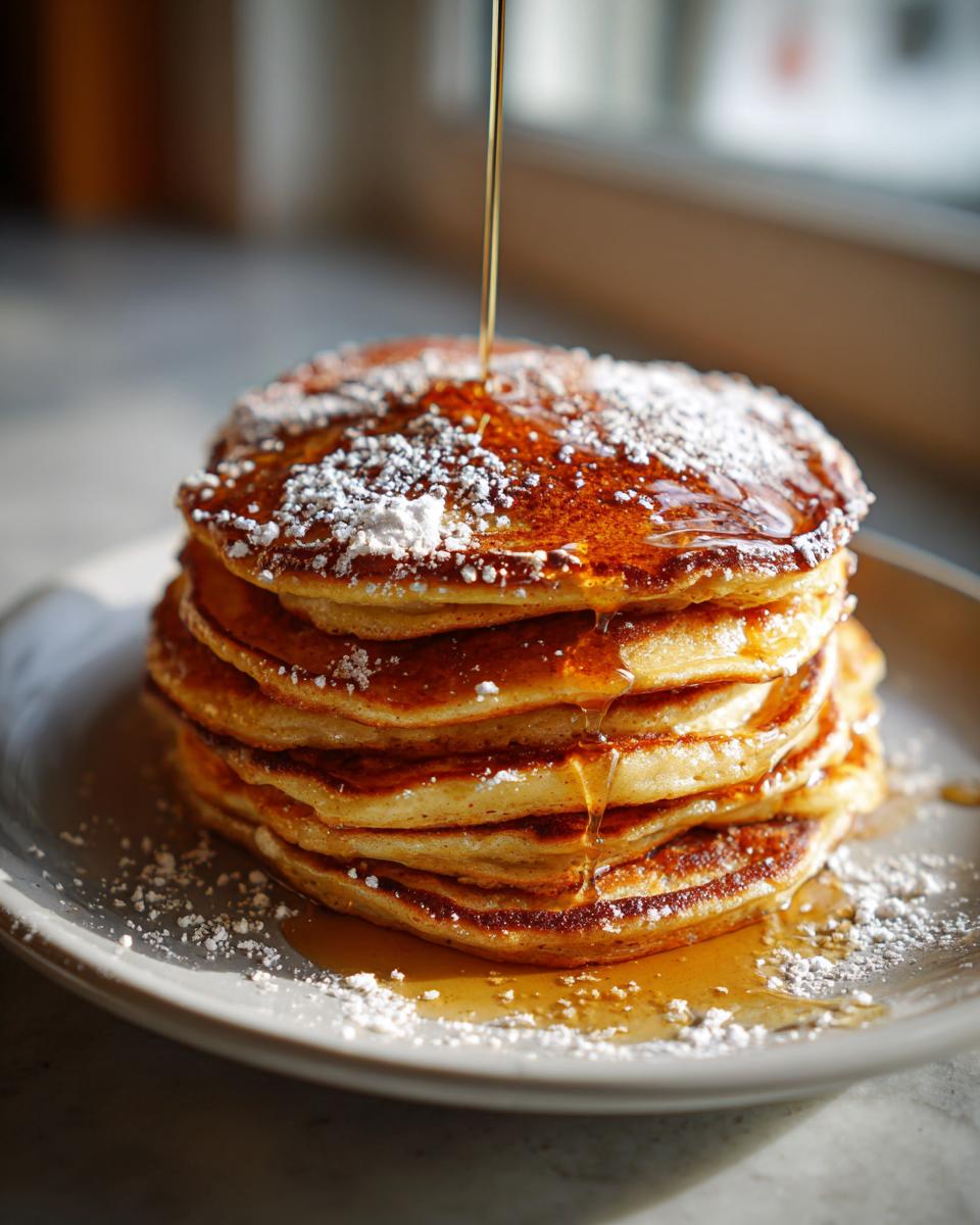 Stack of fluffy Gingerbread Pancakes drizzled with syrup and dusted with powdered sugar.