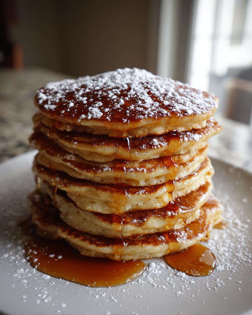 Stack of fluffy Gingerbread Pancakes drizzled with syrup and dusted with powdered sugar.