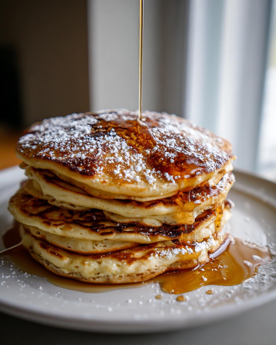 Stack of Gingerbread Pancakes with powdered sugar and syrup drizzling down.