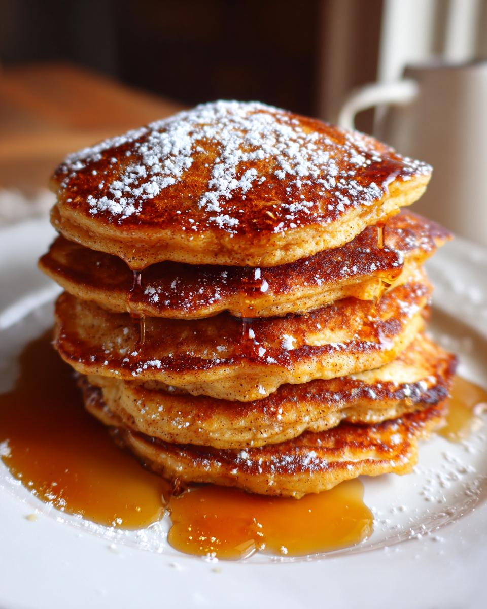 Stack of fluffy Gingerbread Pancakes drizzled with syrup and dusted with powdered sugar.