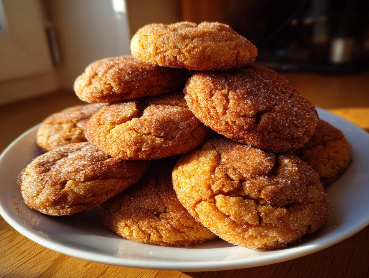 A close-up, sunlit stack of chewy Gingerdoodle Cookies coated in sugar on a white plate.