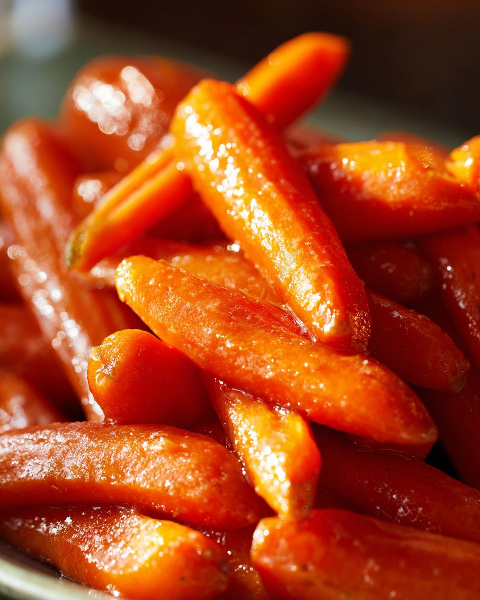 Close-up of a pile of glistening Glazed Carrots, a perfect sweet side dish.