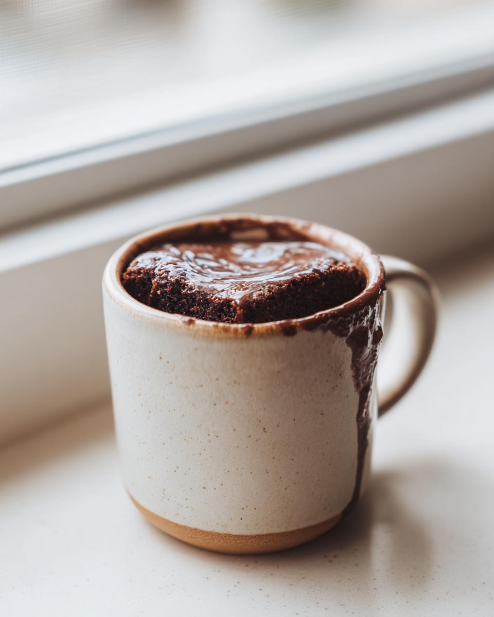 Close-up of a Greek Yogurt Chocolate Peanut Butter Mug Cake in a mug, by a window.