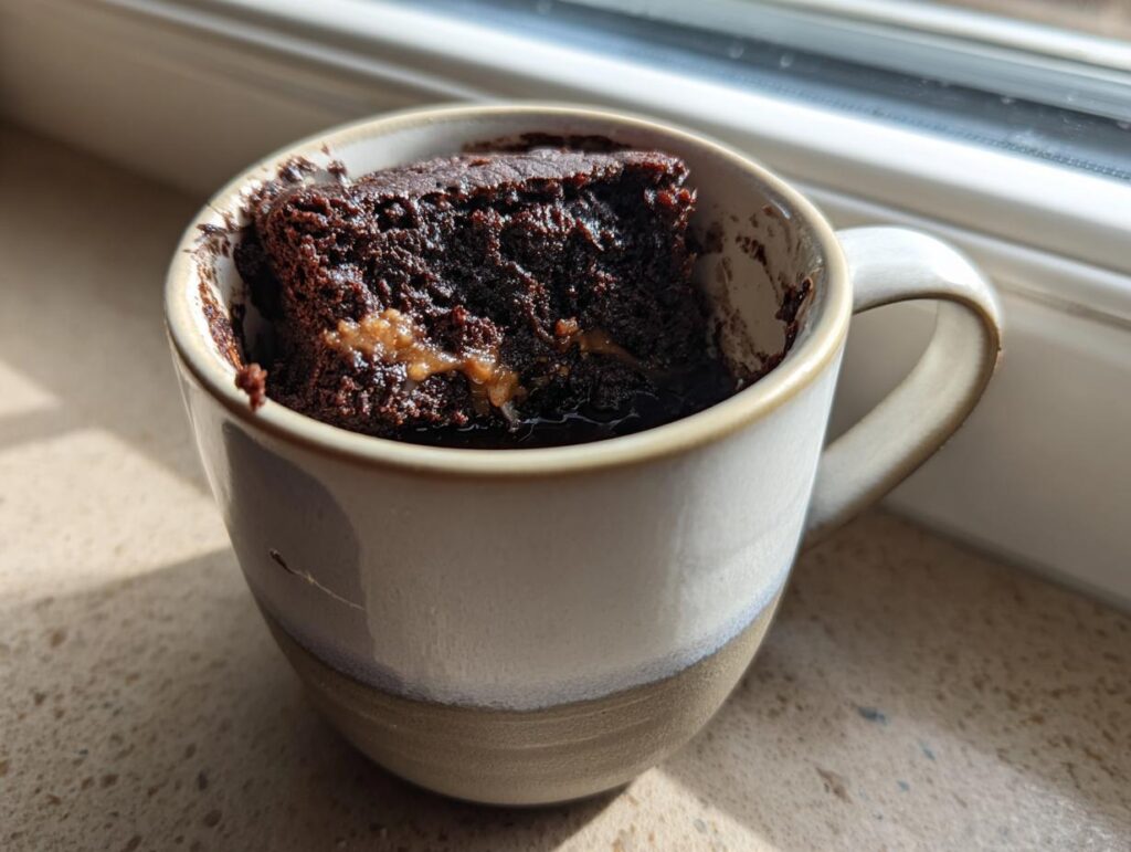 Close-up of a Greek Yogurt Chocolate Peanut Butter Mug Cake in a mug, showing a bite taken out.