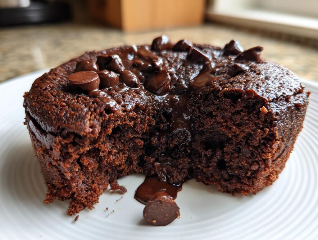 Close-up of a Greek Yogurt Chocolate Peanut Butter Mug Cake with chocolate chips.
