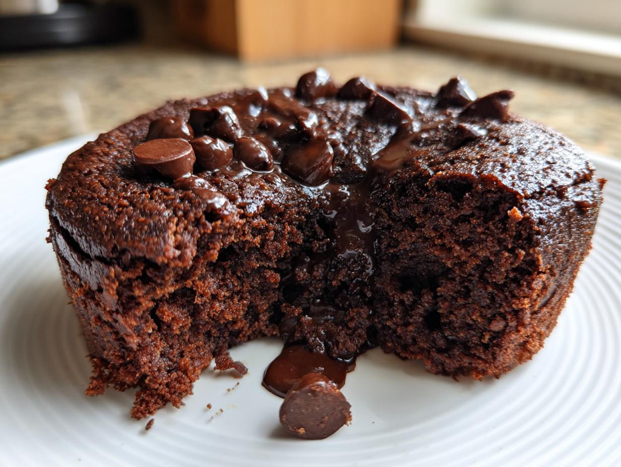 Close-up of a Greek Yogurt Chocolate Peanut Butter Mug Cake with chocolate chips.