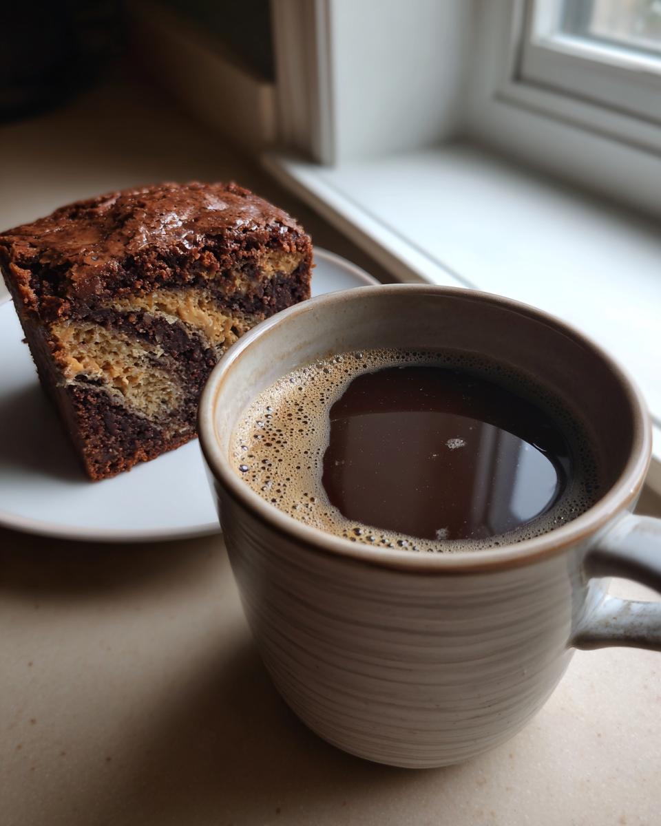 Slice of Greek Yogurt Chocolate Peanut Butter Mug Cake with a cup of coffee.