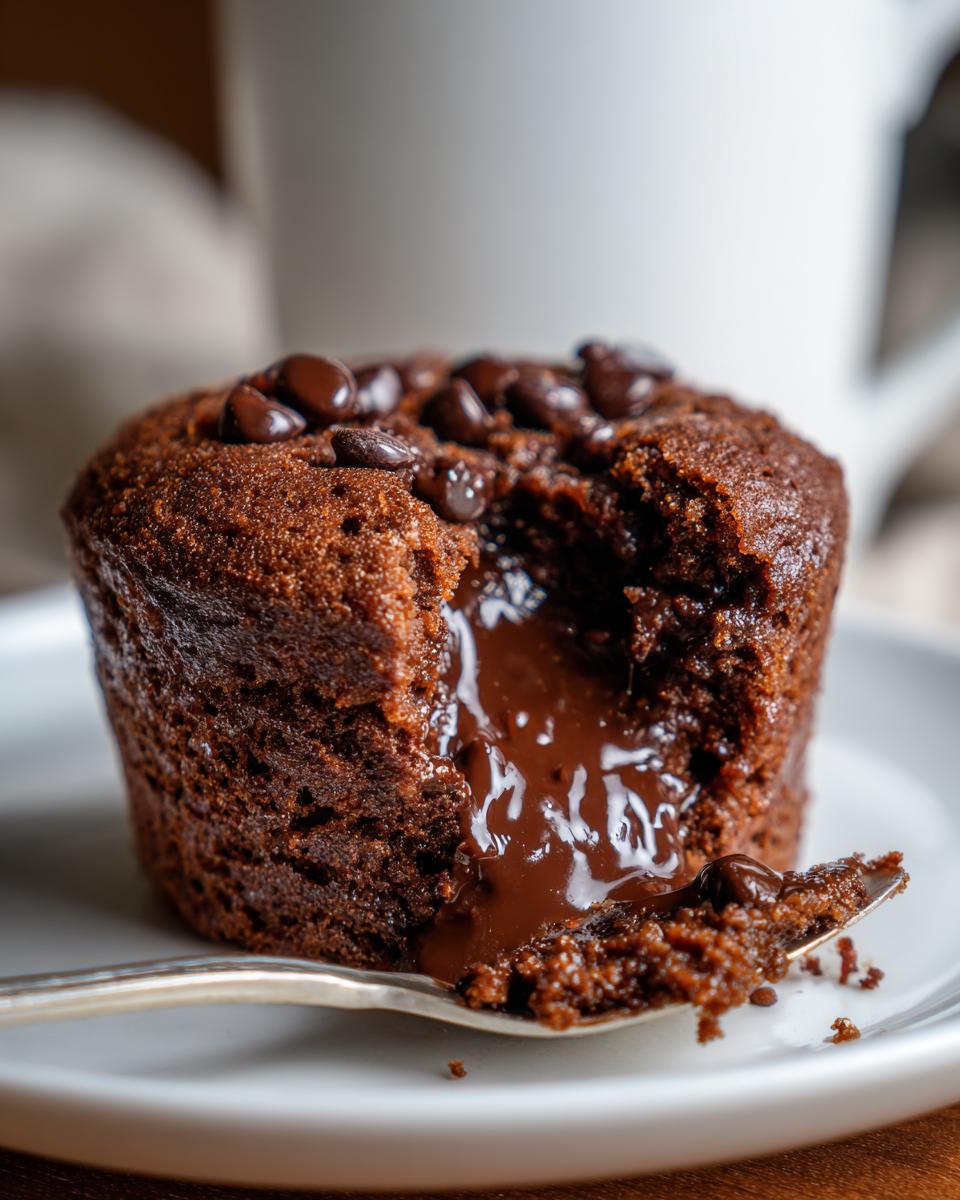 Close-up of a Greek Yogurt Chocolate Peanut Butter Mug Cake with molten chocolate center.