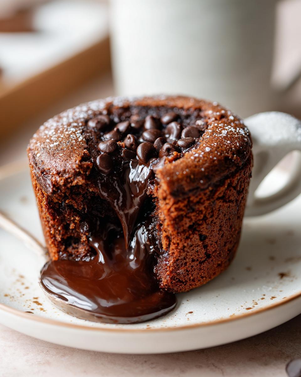 Close-up of a Greek Yogurt Chocolate Peanut Butter Mug Cake with a flowing chocolate center.