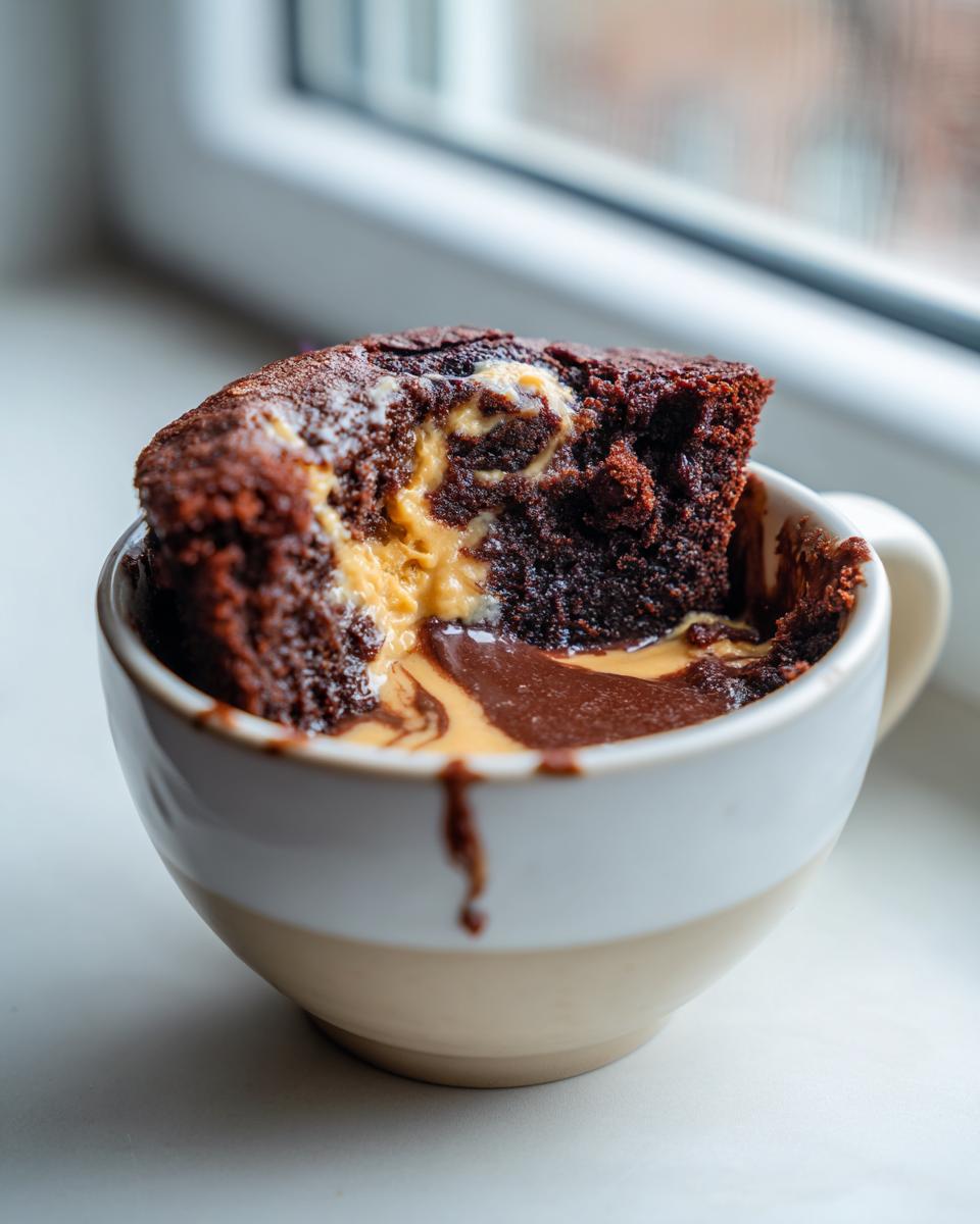 Close-up of a Greek Yogurt Chocolate Peanut Butter Mug Cake slice in a mug, showing peanut butter filling.
