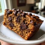 Close-up of a slice of Greek Yogurt Chocolate Peanut Butter Mug Cake with chocolate chips.