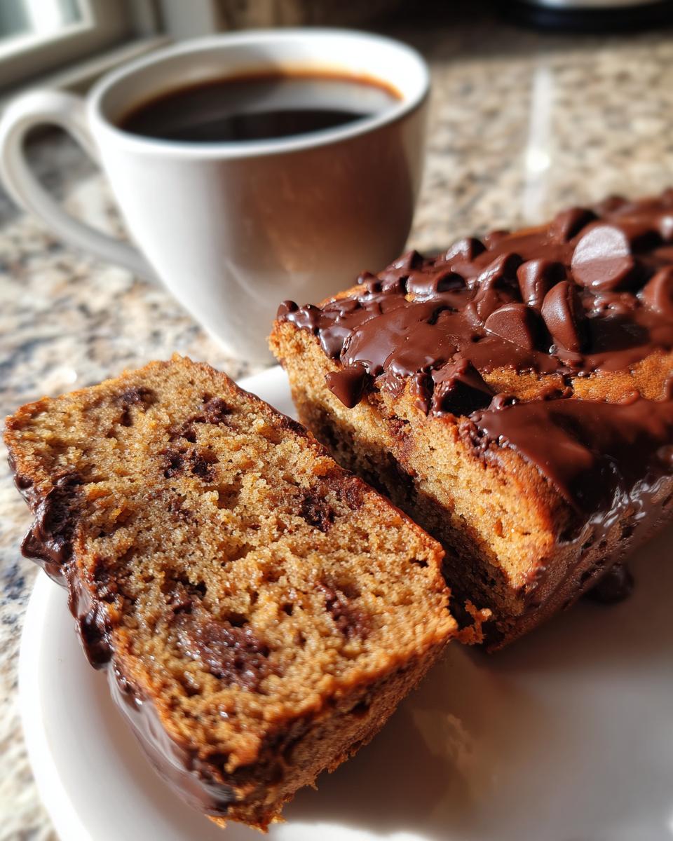 Close-up of a slice of Greek Yogurt Chocolate Peanut Butter Mug Cake with chocolate topping and a cup of coffee.
