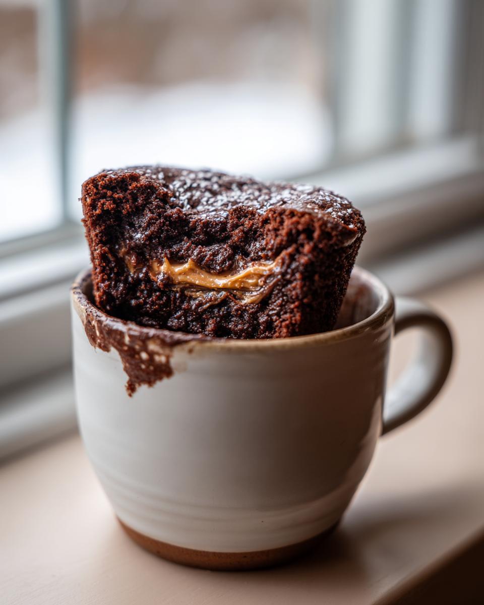 Close-up of a slice of Greek Yogurt Chocolate Peanut Butter Mug Cake in a mug, showing peanut butter filling.