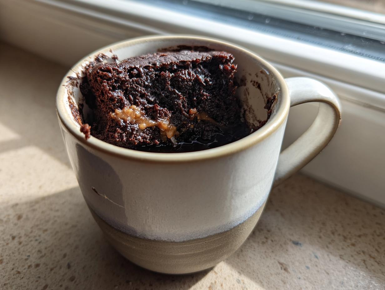 Close-up of a Greek Yogurt Chocolate Peanut Butter Mug Cake in a mug, showing a bite taken out.