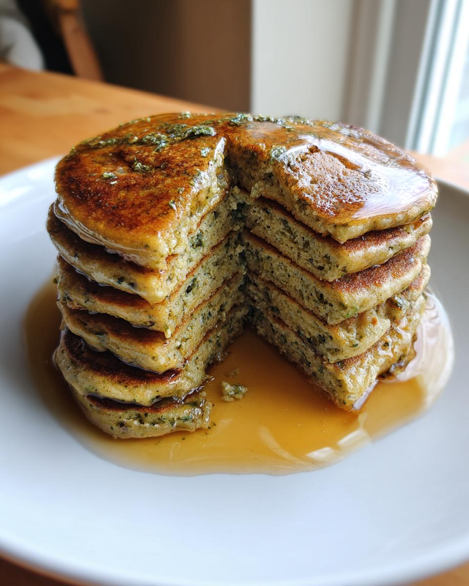 A stack of Green Smoothie Oatmeal Pancakes with syrup, showing the fluffy interior.