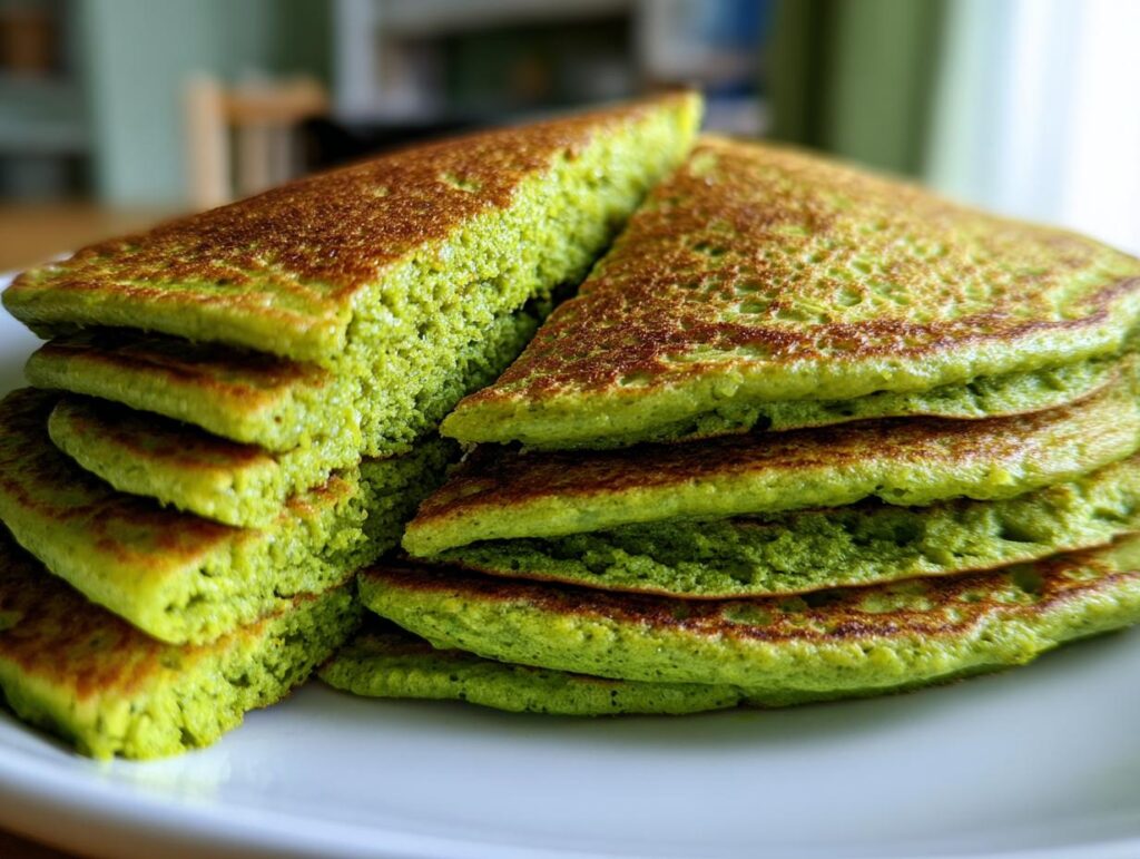 Close-up of a stack of green smoothie oatmeal pancakes on a white plate, showing their fluffy texture.