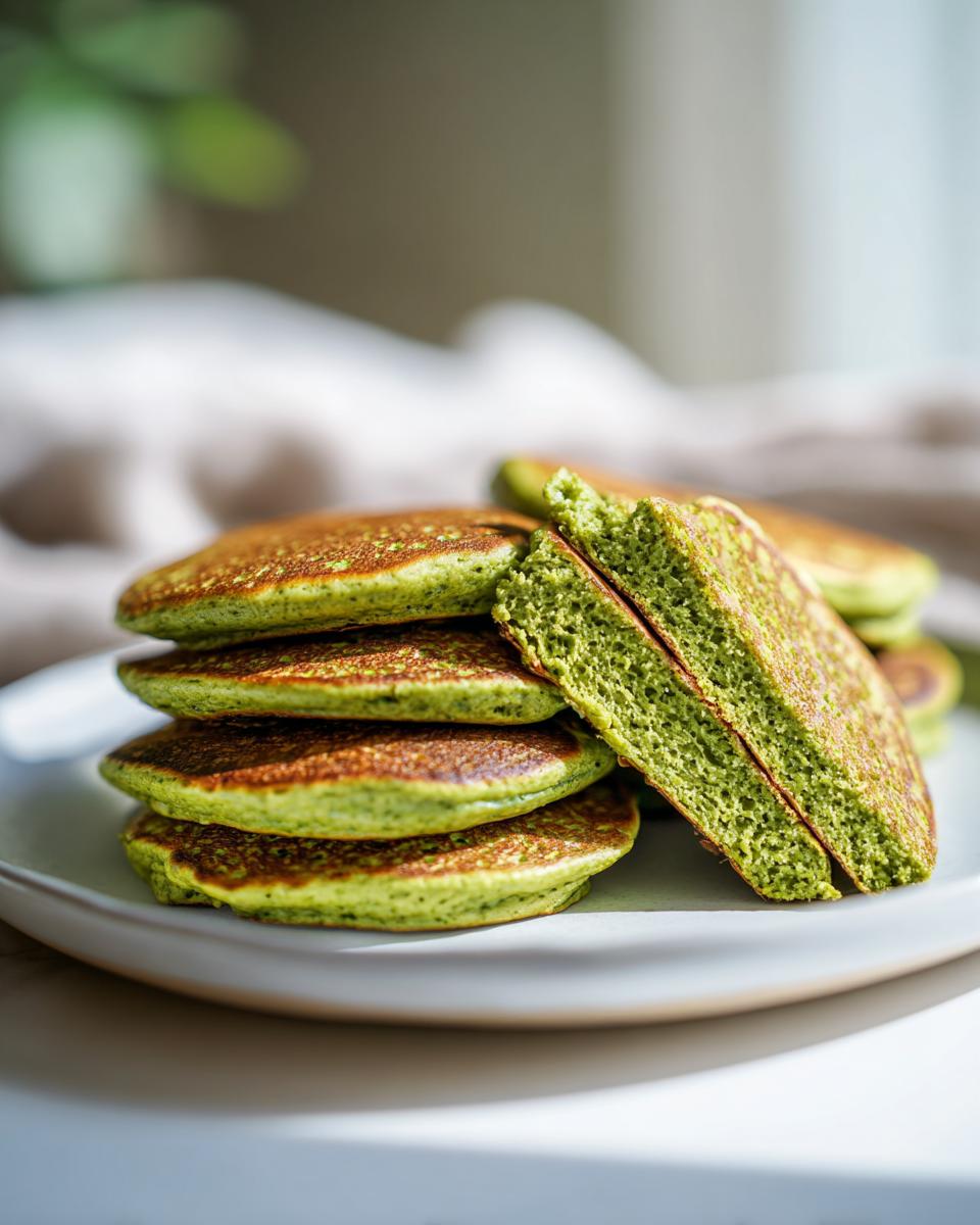 Stack of fluffy green pancakes made with green smoothie and oatmeal. Delicious Green Smoothie Oatmeal Pancakes.