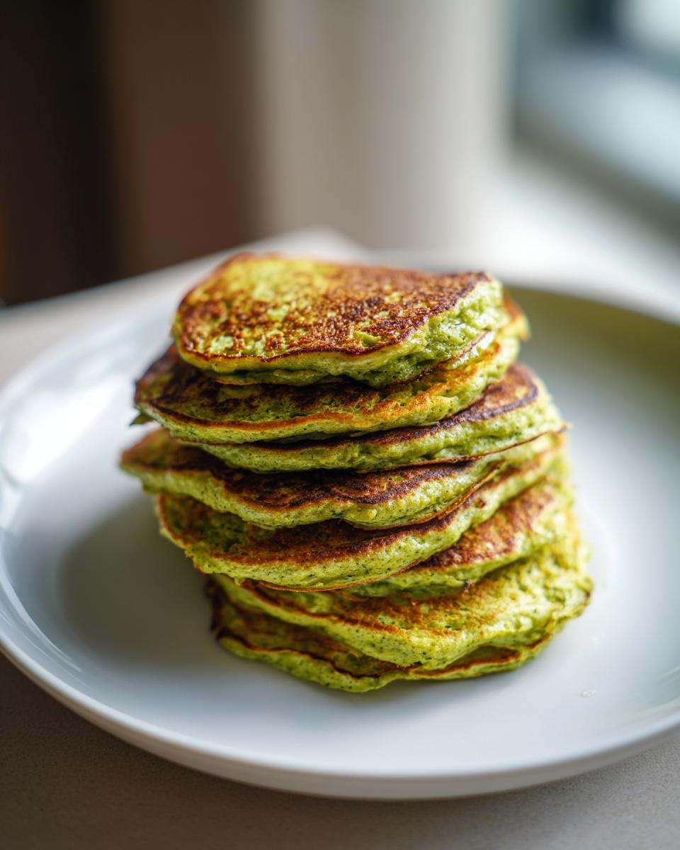 A stack of fluffy green pancakes, made with the recipe for Green Smoothie Oatmeal Pancakes, on a white plate.