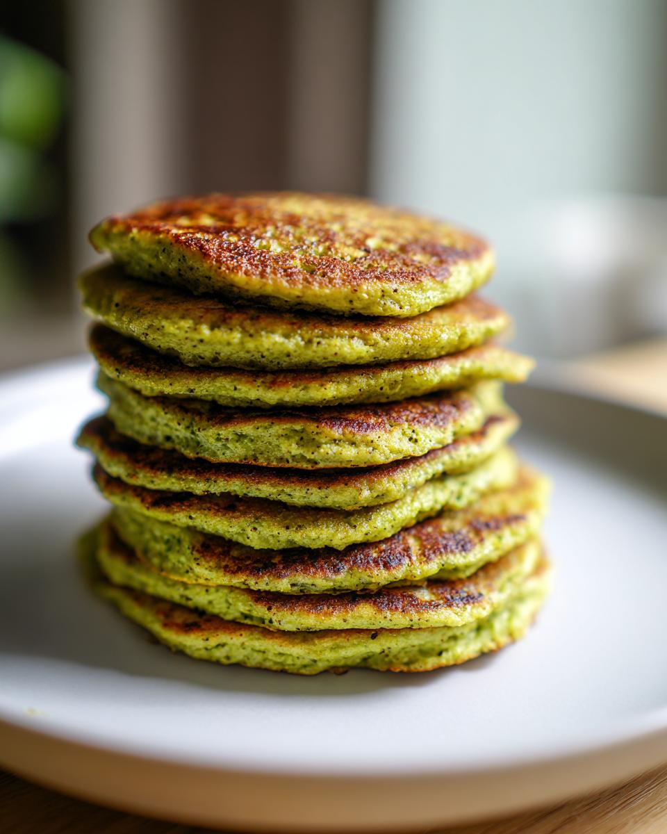 A stack of fluffy Green Smoothie Oatmeal Pancakes on a white plate, showing their vibrant green color.