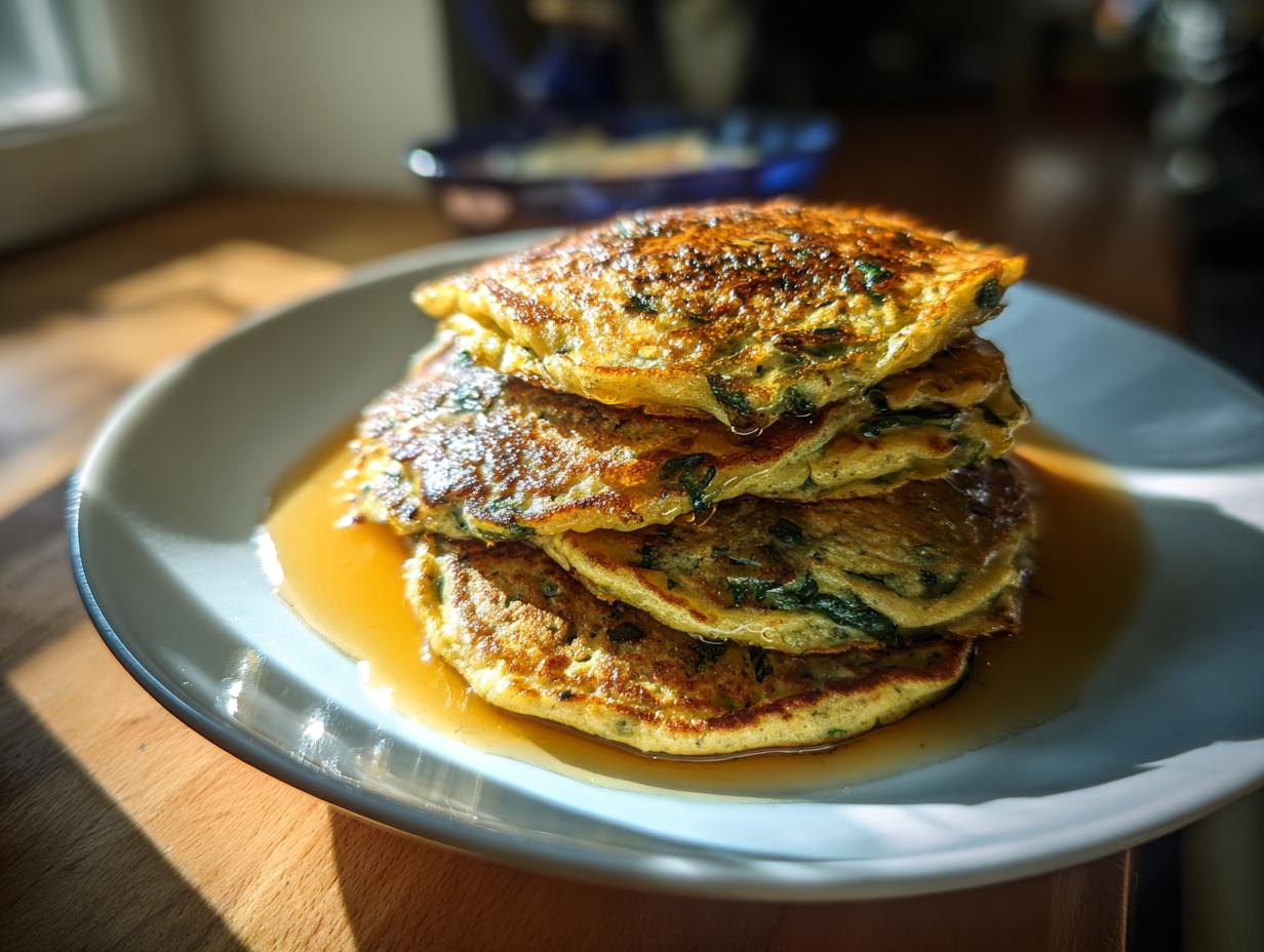 Stack of fluffy Green Smoothie Oatmeal Pancakes on a white plate with syrup.