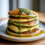 Stack of fluffy Green Smoothie Oatmeal Pancakes drizzled with a green sauce and syrup on a plate.