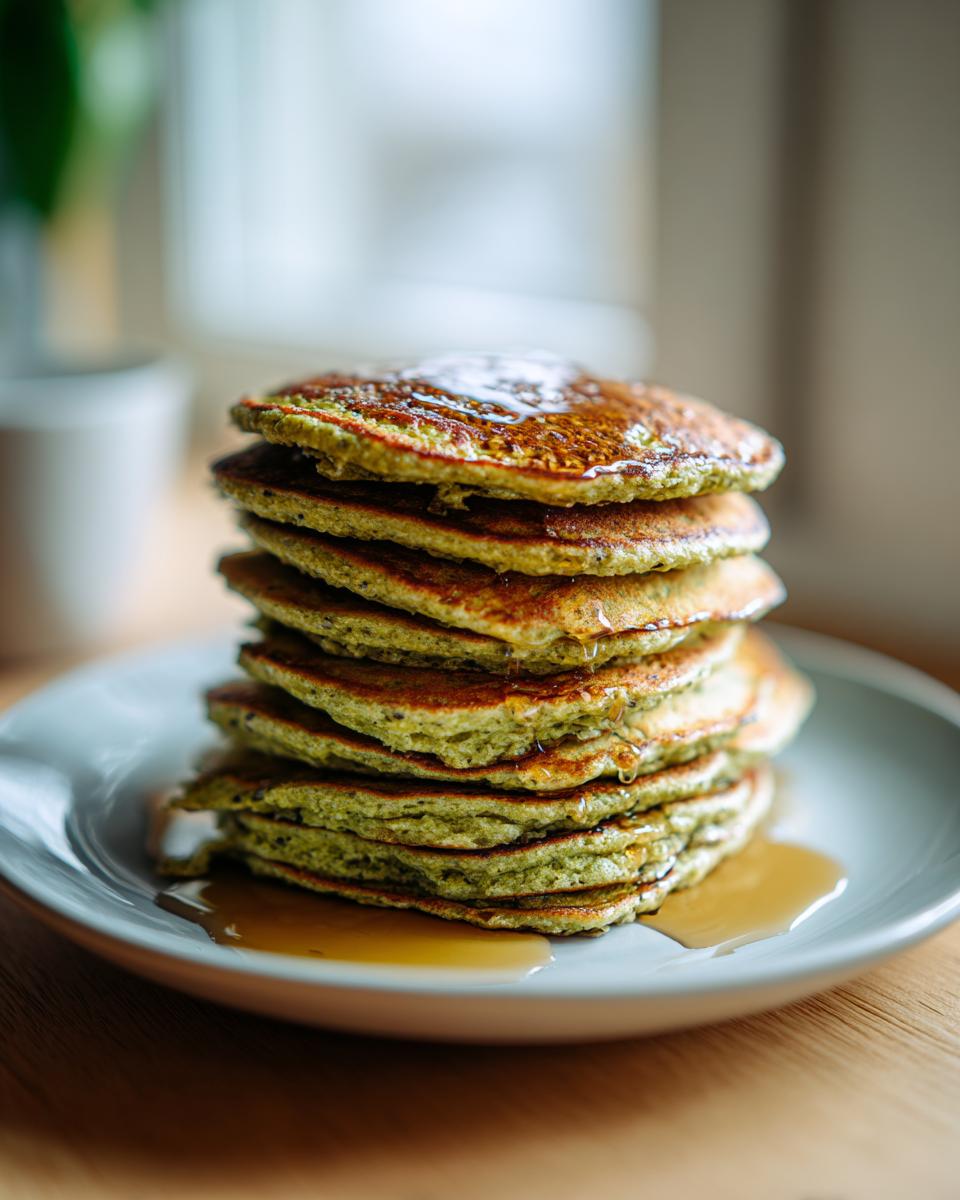A stack of fluffy Green Smoothie Oatmeal Pancakes drizzled with syrup on a plate.